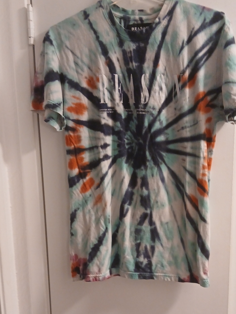 Reason Tie-Dye Graphic Tee in Teal, Navy & Orange Hsndmade Organic